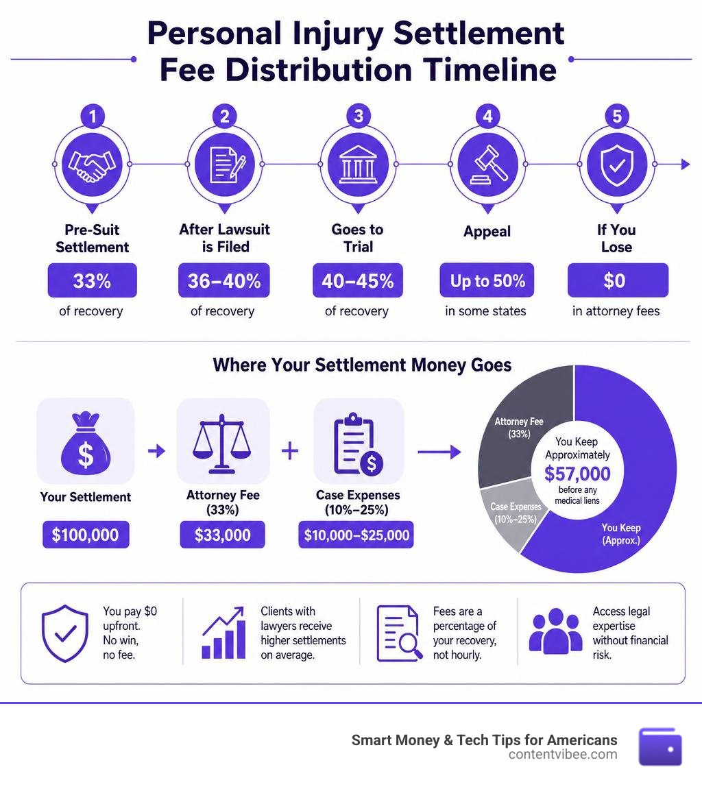 Personal injury settlement fee distribution timeline and breakdown infographic infographic