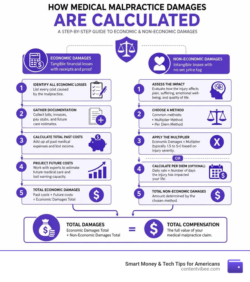 infographic explaining the step-by-step calculation of economic and non-economic damages in medical malpractice infographic infographic explaining the step-by-step calculation of economic and non-economic damages in medical malpractice infographic