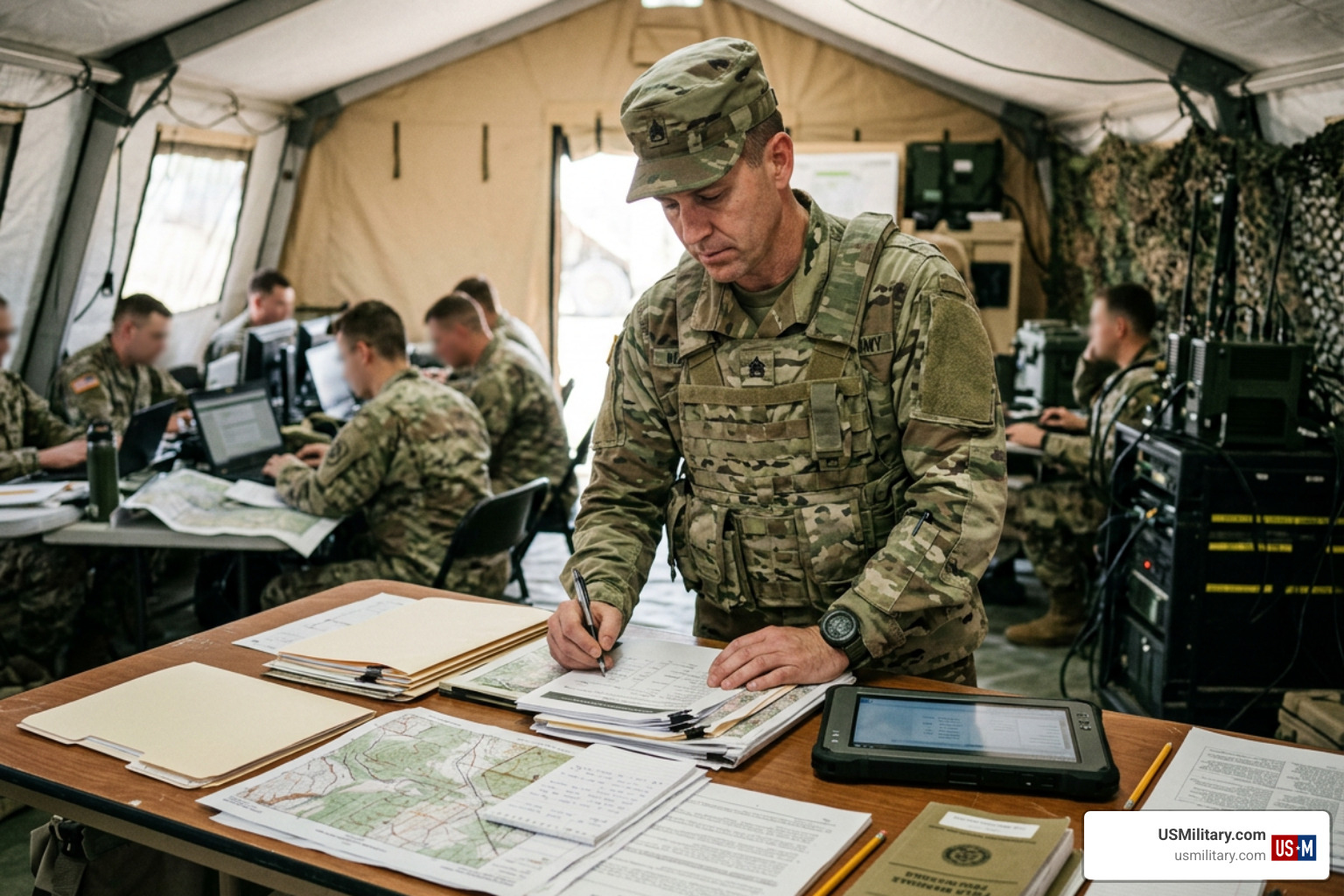 An Army officer reviewing documents on active duty