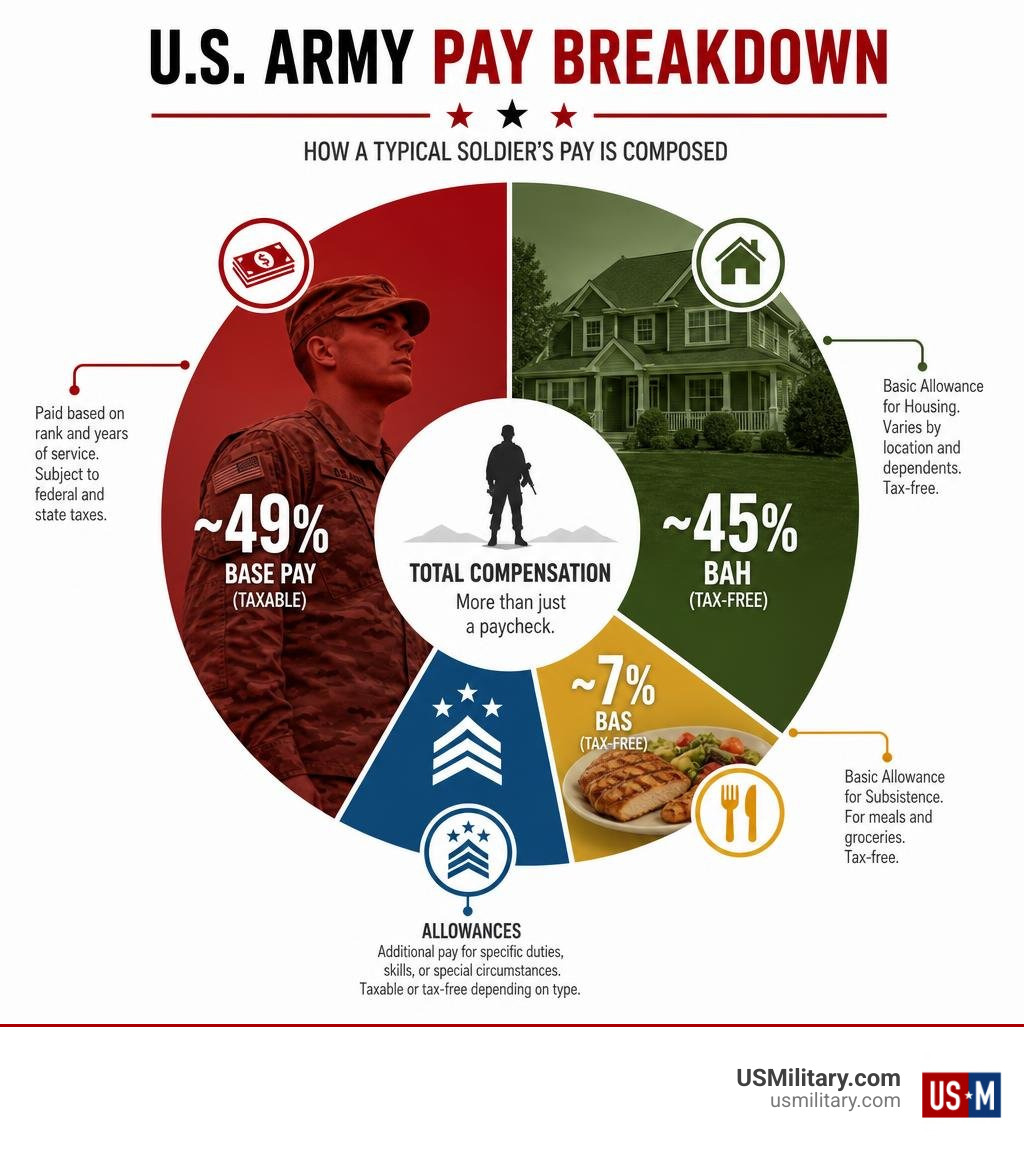 Infographic showing breakdown of U.S. Army military pay components: base pay, BAH, BAS, and allowances infographic