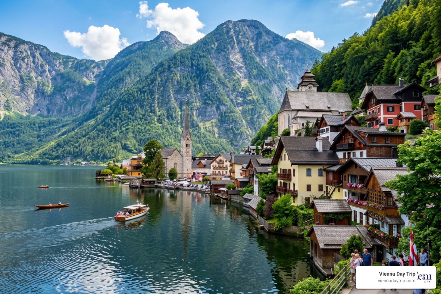 Historic lakeside view of Hallstatt village on a sunny afternoon