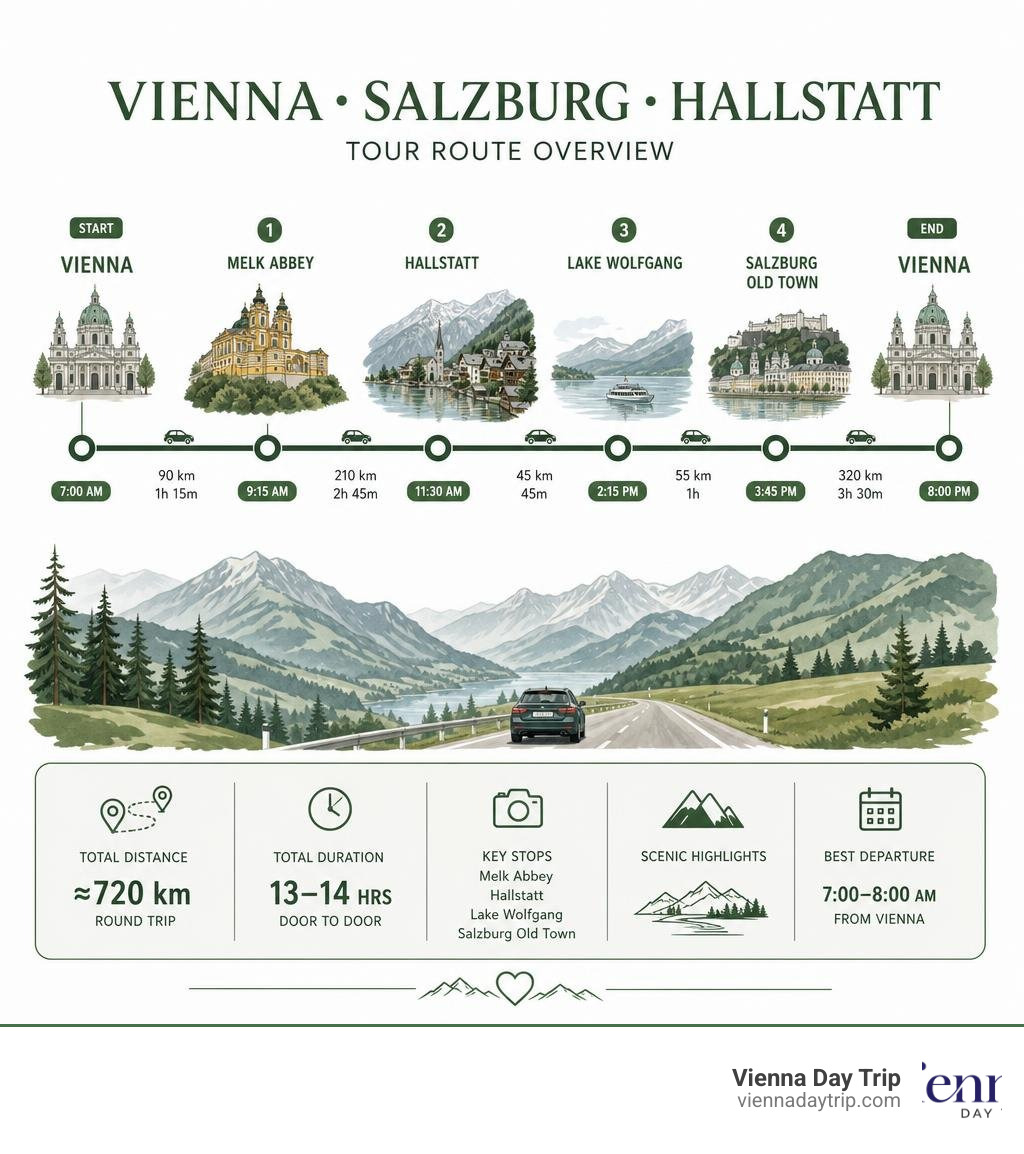 Vienna Salzburg Hallstatt tour route infographic with stops, distances, and timing overview infographic