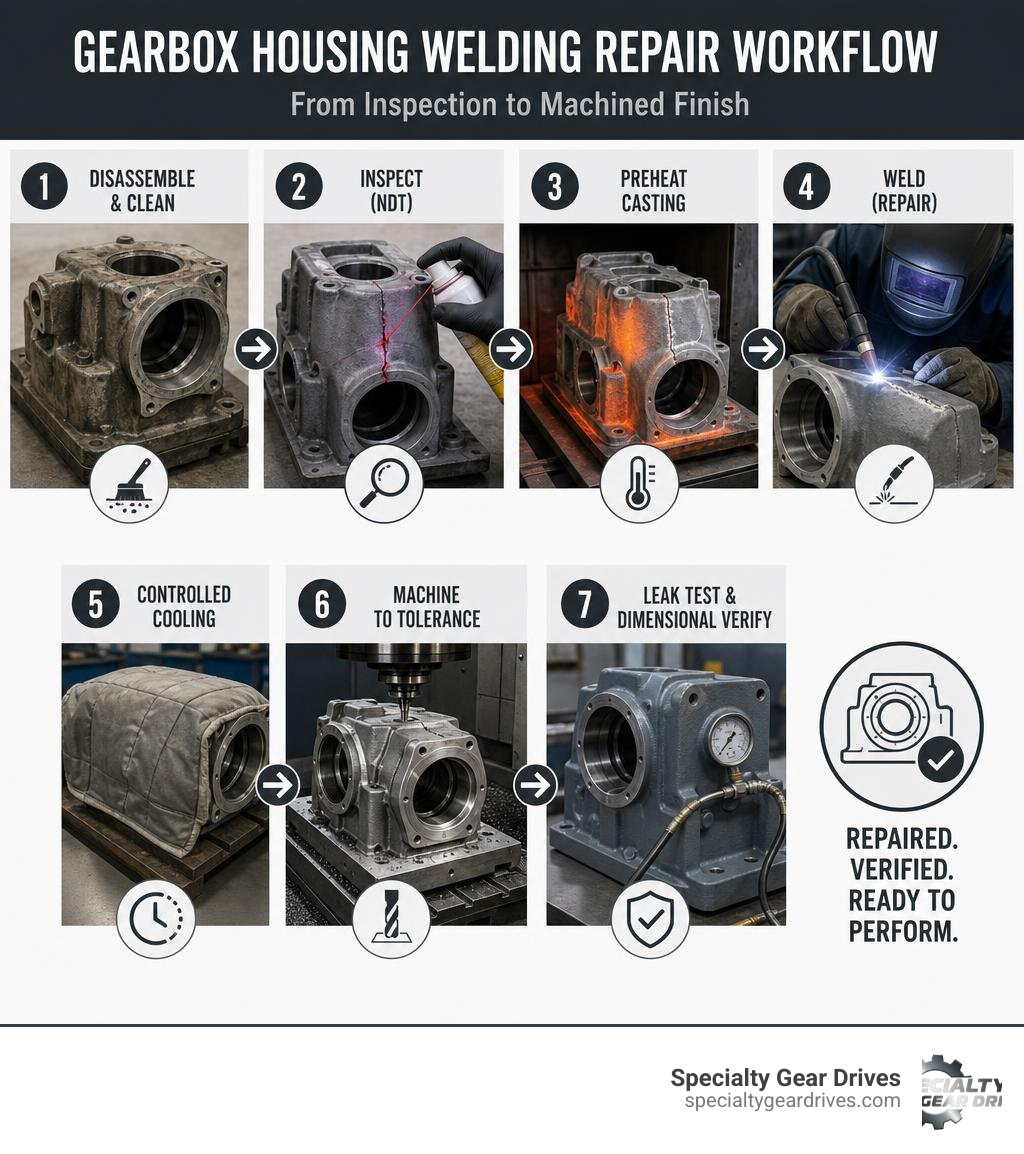 Gearbox housing welding repair workflow from inspection to machined finish infographic Gearbox housing welding repair workflow from inspection to machined finish infographic