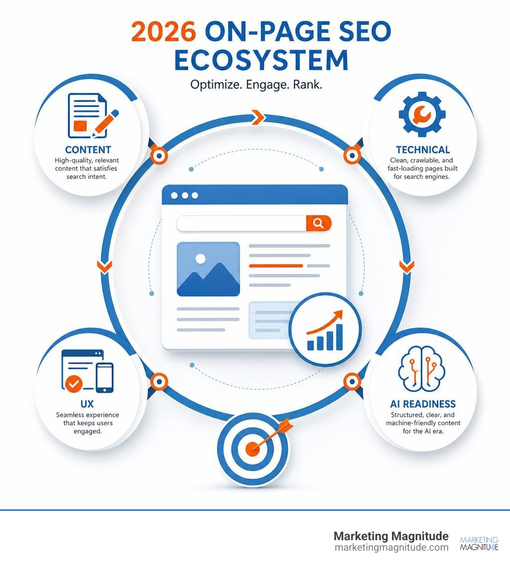 2026 on-page SEO ecosystem showing key elements: content, technical, UX, and AI readiness - on page seo optimization 2026 on-page SEO ecosystem showing key elements: content, technical, UX, and AI readiness - on page seo optimization