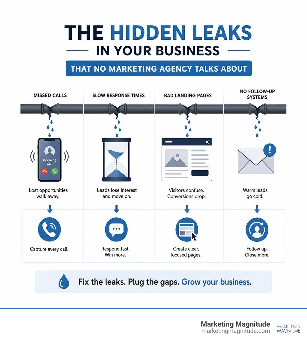 Cluttered, slow landing page vs. clean, optimized landing page with clear CTA - “The Hidden Leaks in Your Business That No Cluttered, slow landing page vs. clean, optimized landing page with clear CTA - “The Hidden Leaks in Your Business That No