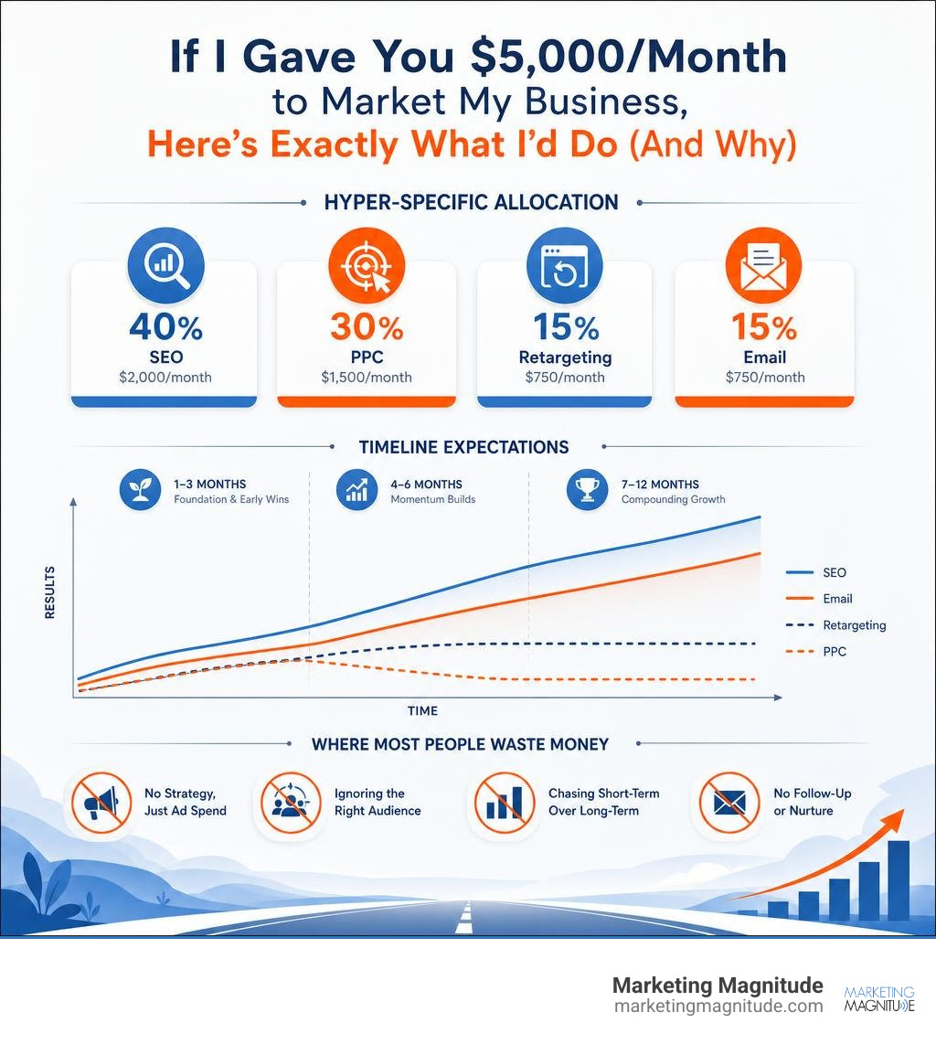 Infographic showing compounding effect of SEO and email vs paid ads over 12 months - “If I Gave You $5,000/Month to Market Infographic showing compounding effect of SEO and email vs paid ads over 12 months - “If I Gave You $5,000/Month to Market