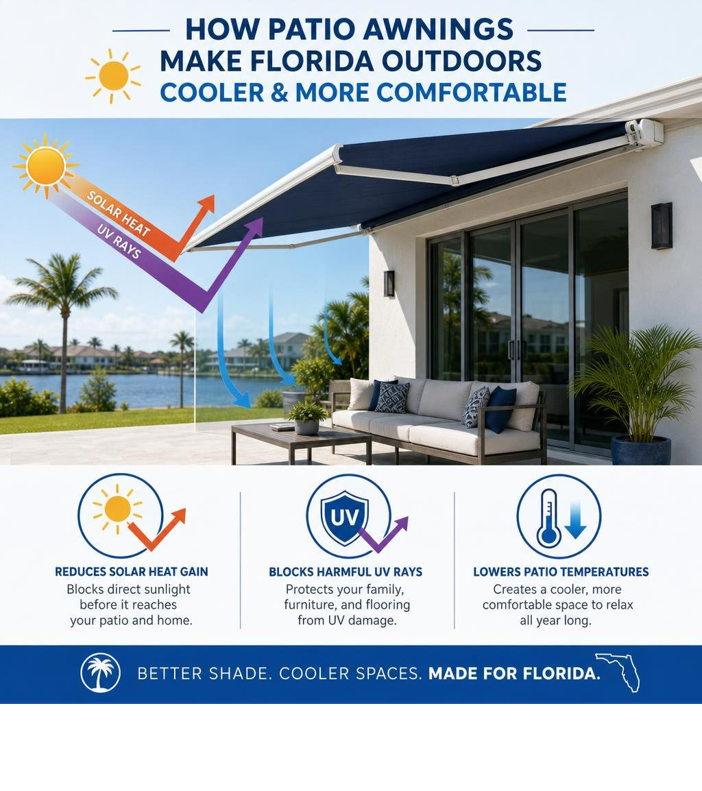Infographic showing how patio awnings reduce solar heat gain, block UV rays, and lower patio temperatures for Florida homes Infographic showing how patio awnings reduce solar heat gain, block UV rays, and lower patio temperatures for Florida homes