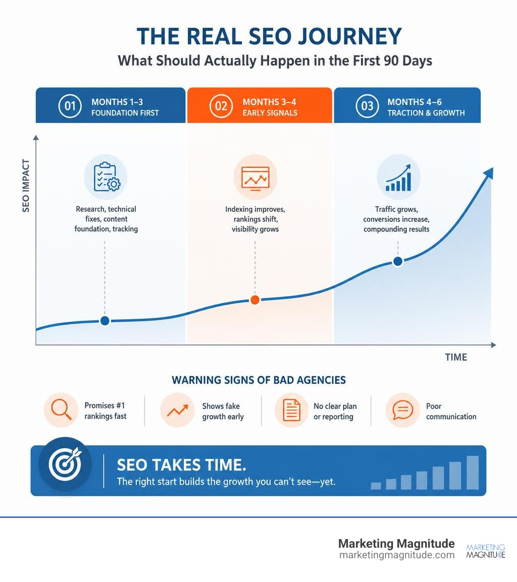 SEO growth curve vs. client expectations infographic: flat months 1-3, early signals months 3-4, growth months 4-6 SEO growth curve vs. client expectations infographic: flat months 1-3, early signals months 3-4, growth months 4-6