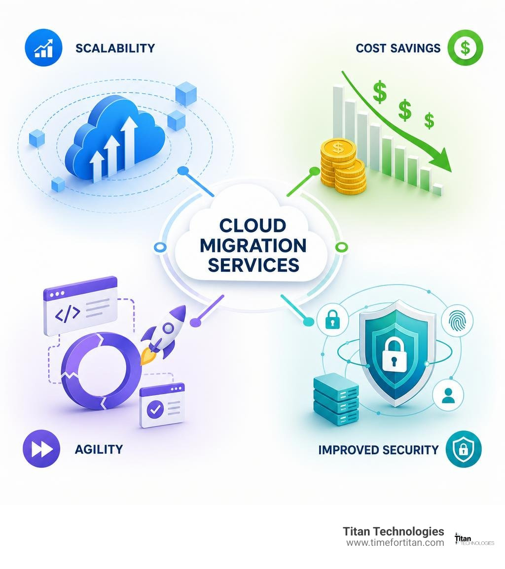 Comprehensive infographic showing the four core benefits of cloud migration: Scalability with upward arrows and expanding circles, Cost Savings represented by decreasing dollar signs and financial graphs, Agility illustrated through rapid deployment cycles and flexible workflows, and Improved Security depicted with shield icons, encryption symbols, and multi-layered protection barriers - Cloud migration services infographic Comprehensive infographic showing the four core benefits of cloud migration: Scalability with upward arrows and expanding circles, Cost Savings represented by decreasing dollar signs and financial graphs, Agility illustrated through rapid deployment cycles and flexible workflows, and Improved Security depicted with shield icons, encryption symbols, and multi-layered protection barriers - Cloud migration services infographic