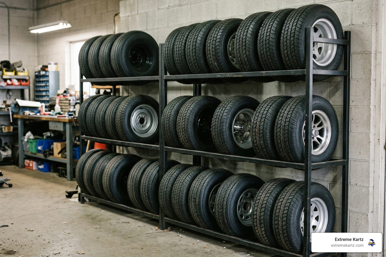 comparing different golf cart wheel sizes on a display rack in a workshop comparing different golf cart wheel sizes on a display rack in a workshop