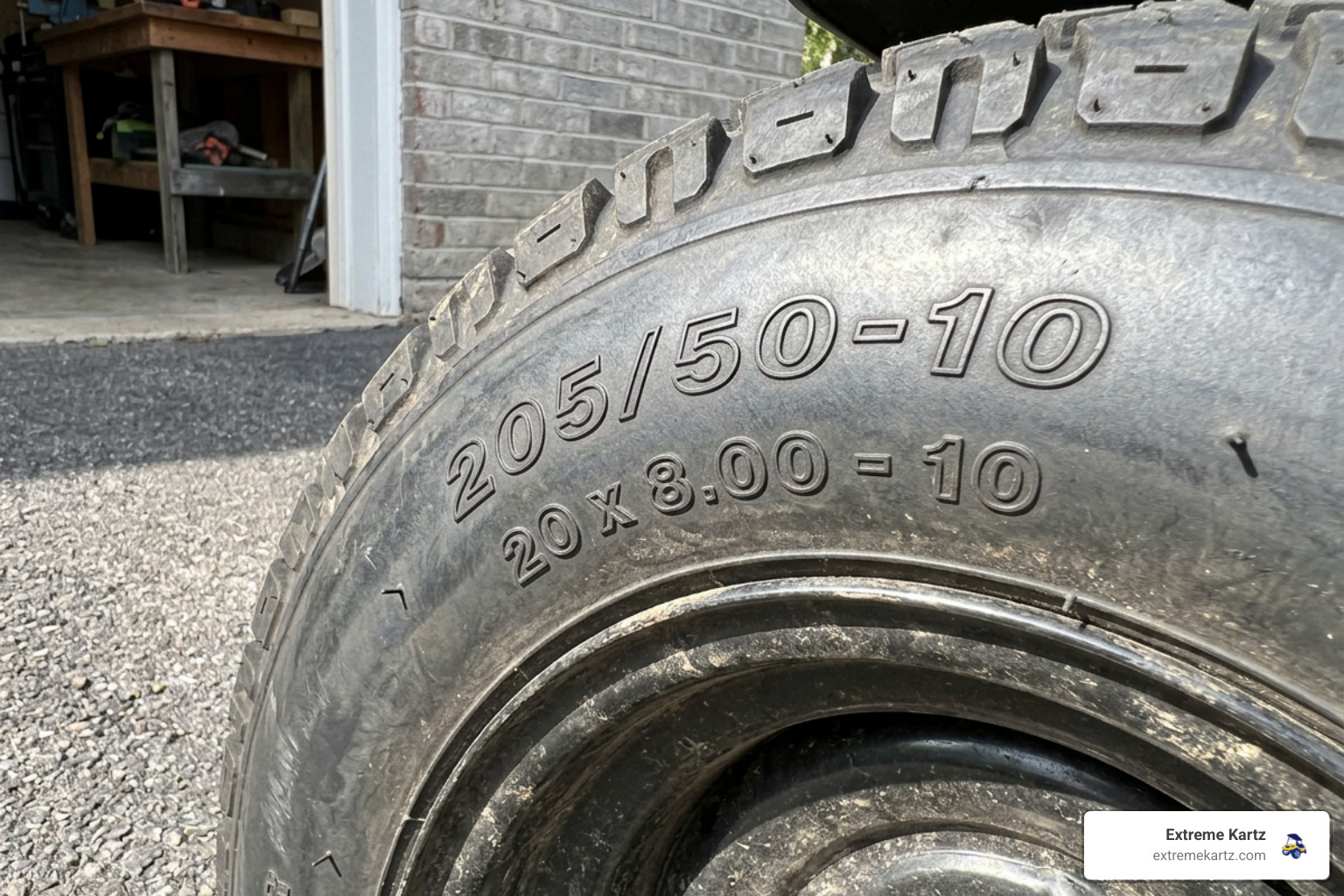 close-up of a golf cart tire sidewall showing standard and metric size designations close-up of a golf cart tire sidewall showing standard and metric size designations