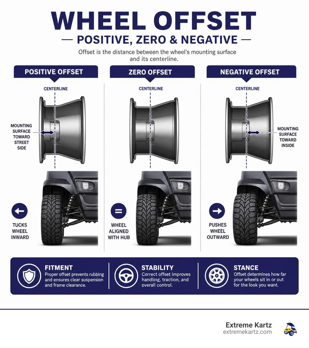 diagram illustrating positive zero and negative wheel offset on a golf cart wheel infographic diagram illustrating positive zero and negative wheel offset on a golf cart wheel infographic