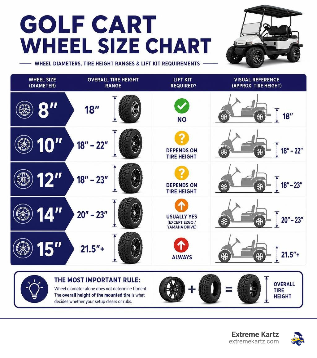 Golf cart wheel size chart showing wheel diameters, tire height ranges, and lift kit requirements infographic Golf cart wheel size chart showing wheel diameters, tire height ranges, and lift kit requirements infographic