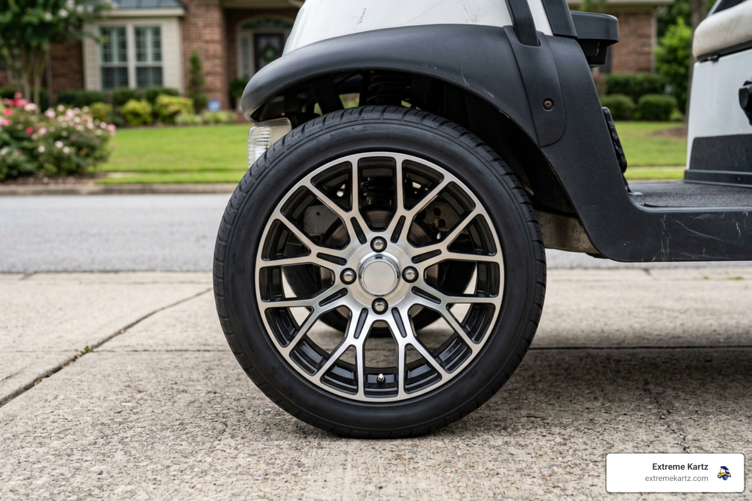 A close-up shot of a 12-inch custom aluminum golf cart wheel with low-profile street tires installed on a stock-height cart A close-up shot of a 12-inch custom aluminum golf cart wheel with low-profile street tires installed on a stock-height cart