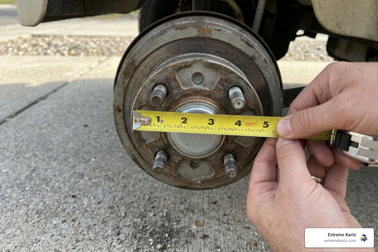 A detailed diagram showing how to measure a golf cart's 4x4 bolt pattern and calculate wheel offset A detailed diagram showing how to measure a golf cart's 4x4 bolt pattern and calculate wheel offset