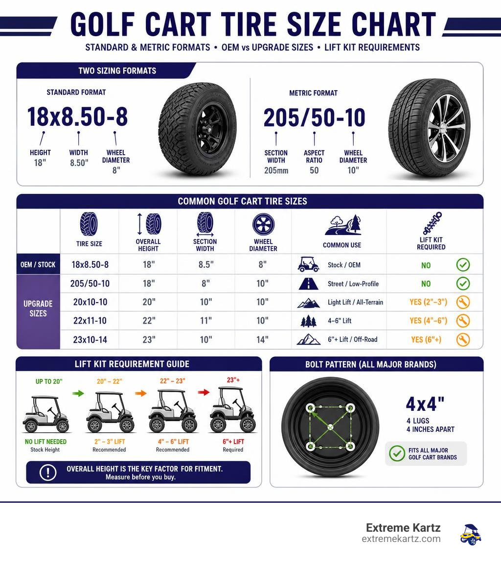 Golf cart tire size chart infographic showing standard and metric formats, OEM vs upgrade sizes, lift kit requirements Golf cart tire size chart infographic showing standard and metric formats, OEM vs upgrade sizes, lift kit requirements