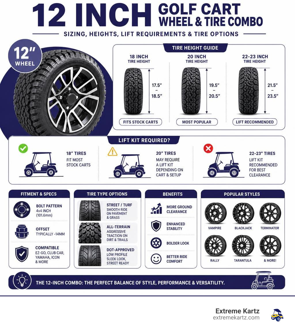 Infographic showing 12 inch golf cart wheel and tire combo sizing, tire heights, lift requirements, and tire type options Infographic showing 12 inch golf cart wheel and tire combo sizing, tire heights, lift requirements, and tire type options