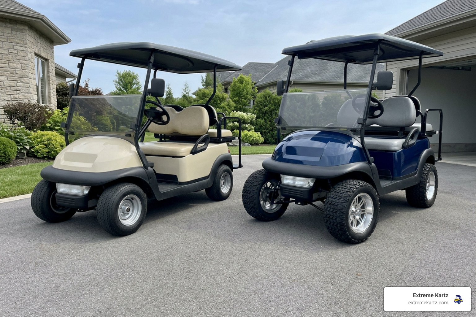 side-by-side golf carts comparing stock and larger custom wheel sizes side-by-side golf carts comparing stock and larger custom wheel sizes