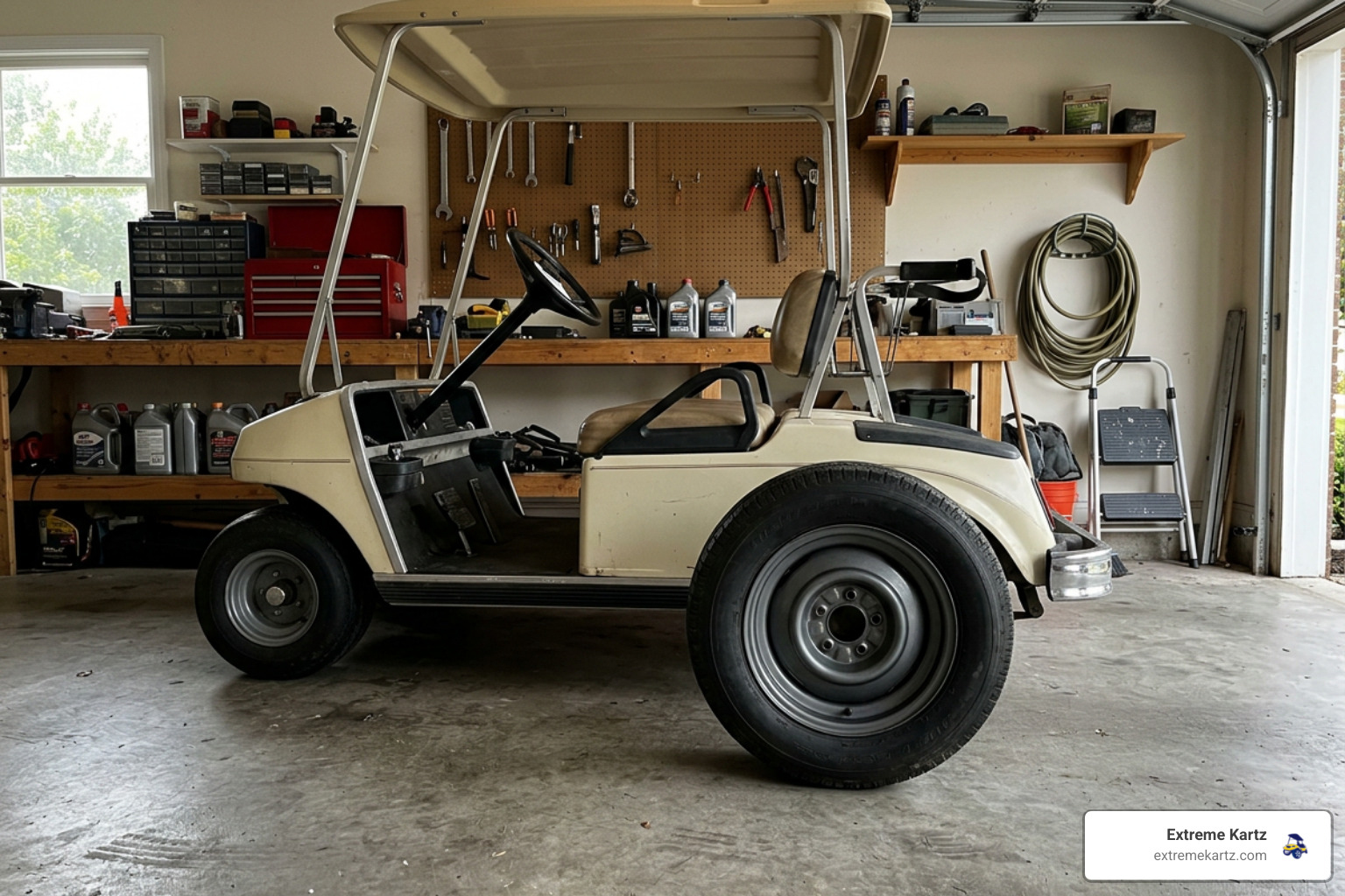 standard golf cart wheel size OEM steel rims on a classic golf cart in a garage setting standard golf cart wheel size OEM steel rims on a classic golf cart in a garage setting