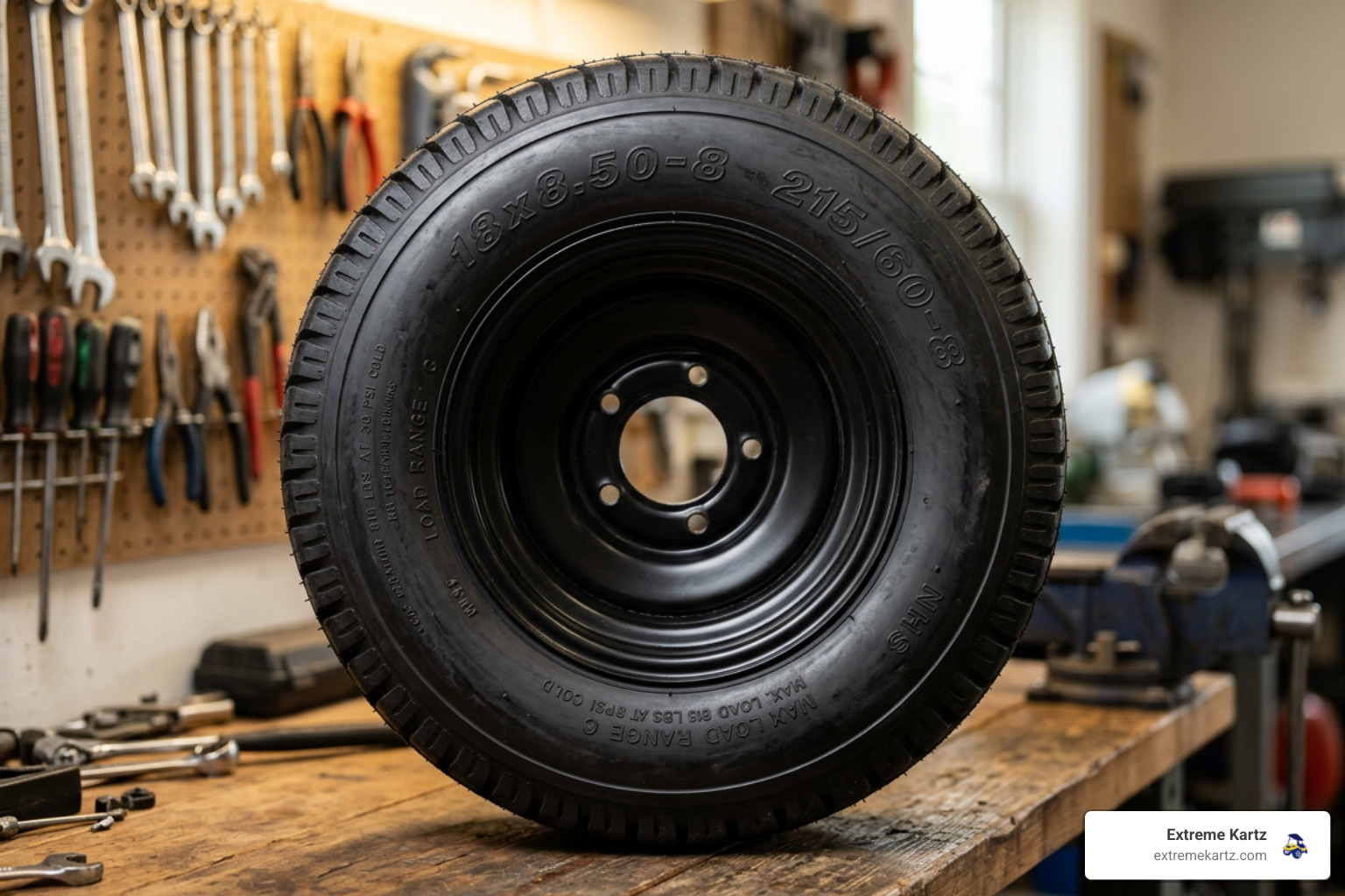 A close-up of a premium golf cart tire sidewall showing both imperial and metric size markings clearly in a well-lit workshop A close-up of a premium golf cart tire sidewall showing both imperial and metric size markings clearly in a well-lit workshop