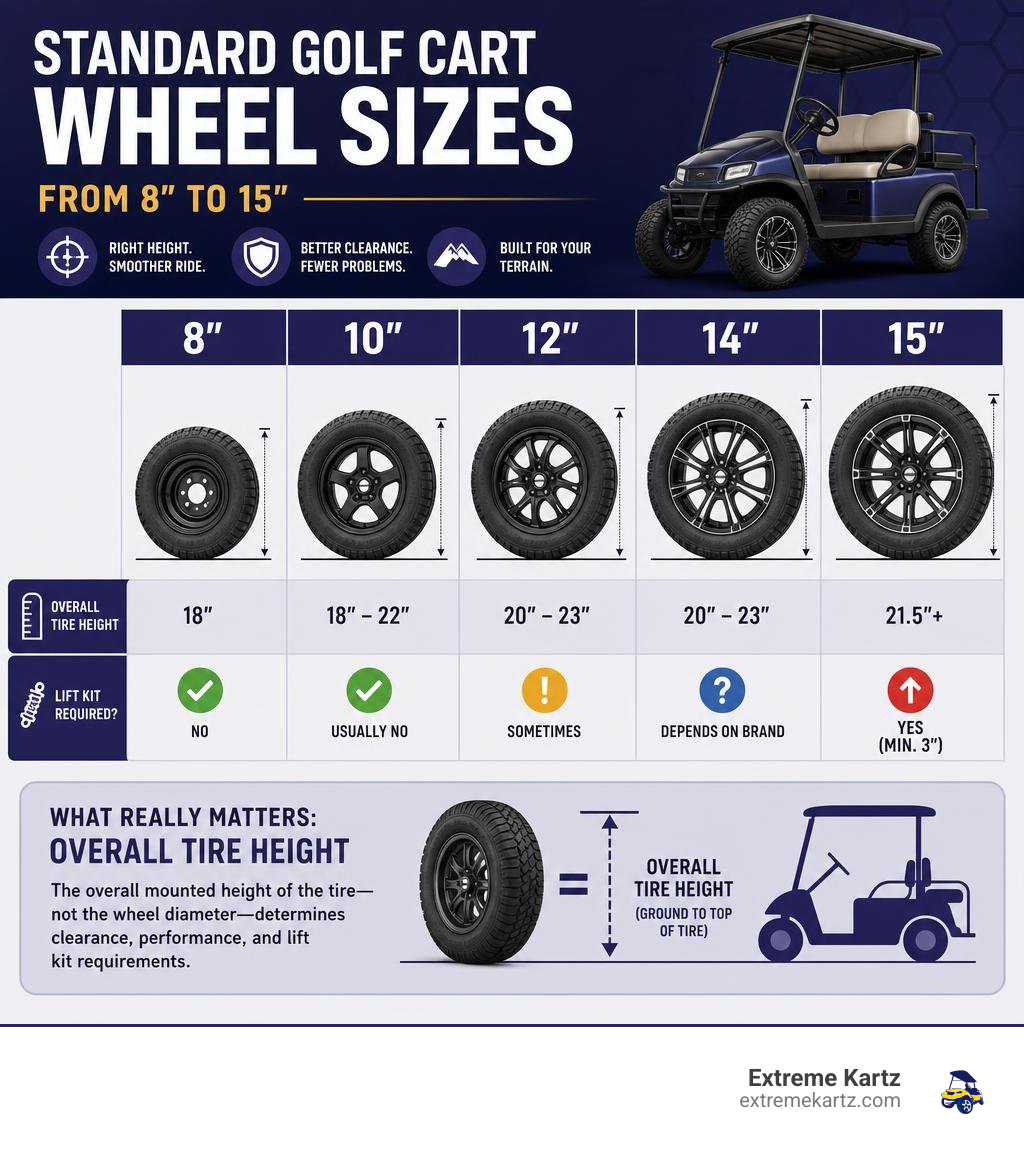 Infographic showing standard golf cart wheel sizes from 8 to 15 inches with overall tire heights and lift kit requirements Infographic showing standard golf cart wheel sizes from 8 to 15 inches with overall tire heights and lift kit requirements