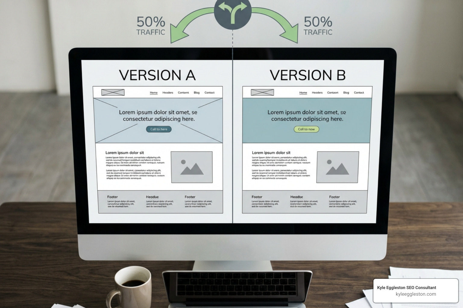 A/B testing split traffic layout showing Version A and Version B