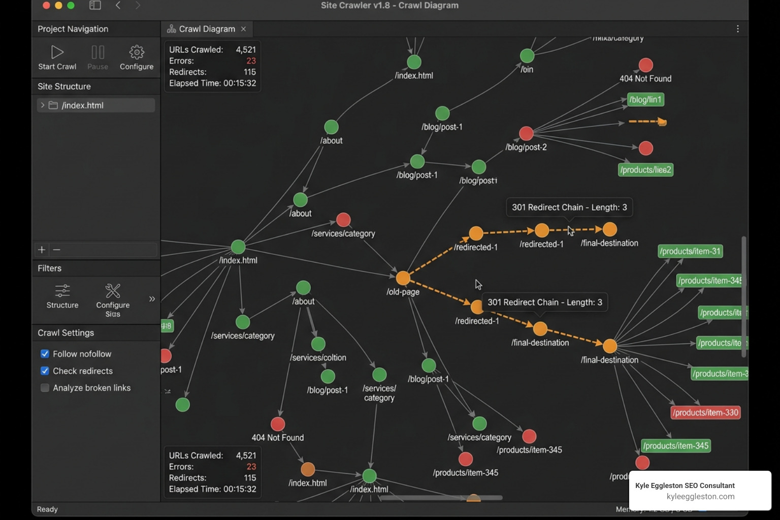 open-source SEO crawler interface showing crawl path and redirect chains