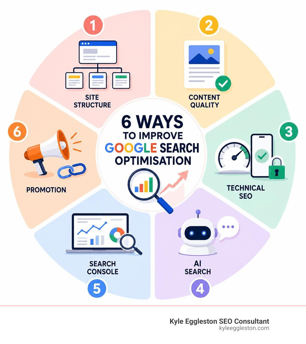 Six ways to improve Google search optimisation: site structure, content quality, technical SEO, AI search, Search Console