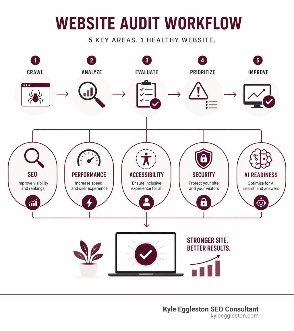 website audit workflow showing categories: SEO, performance, accessibility, security, and AI readiness infographic