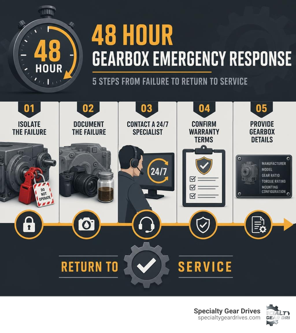Infographic: 48 Hour Gearbox Emergency Response — 5 steps from failure to return to service infographic Infographic: 48 Hour Gearbox Emergency Response — 5 steps from failure to return to service infographic