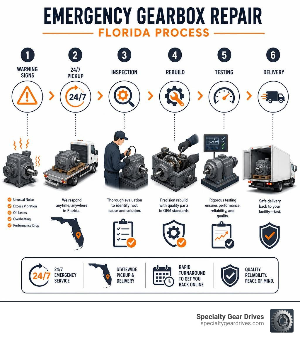 Emergency gearbox repair Florida process infographic: warning signs to 24-7 pickup inspection rebuild testing delivery Emergency gearbox repair Florida process infographic: warning signs to 24-7 pickup inspection rebuild testing delivery