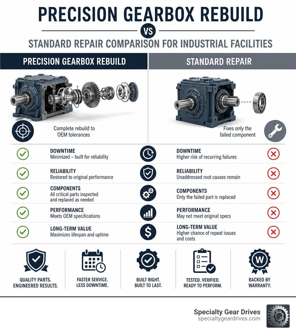 Precision gearbox rebuild vs standard repair comparison infographic for industrial facilities infographic Precision gearbox rebuild vs standard repair comparison infographic for industrial facilities infographic