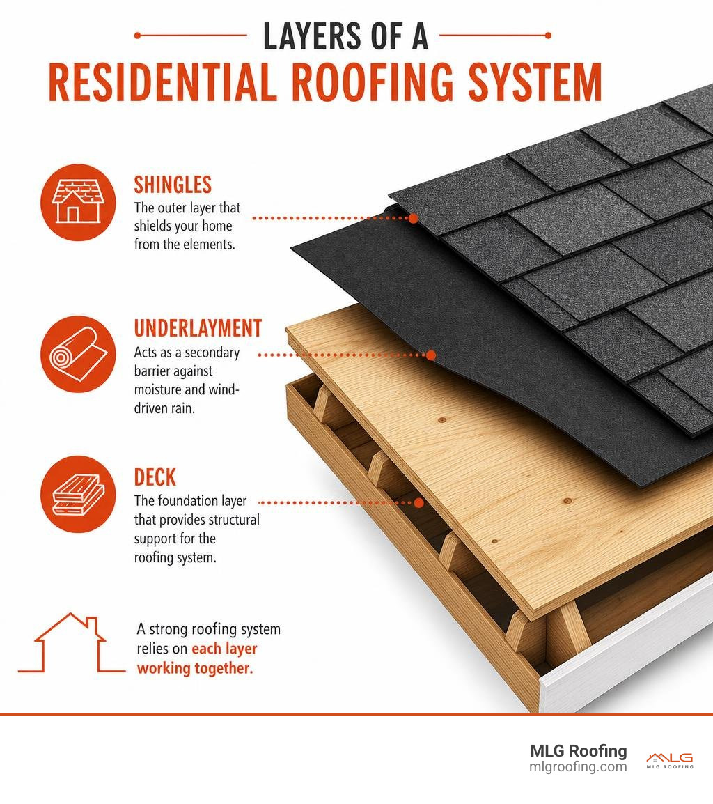 Layers of a residential roofing system showing deck, underlayment, and shingles infographic