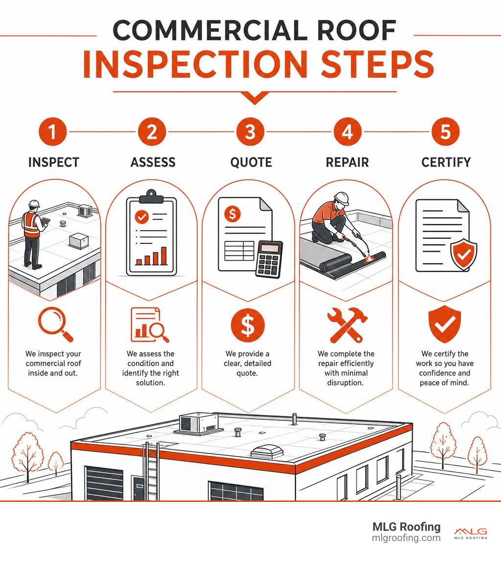 Commercial roof inspection steps infographic: inspect, assess, quote, repair, certify infographic