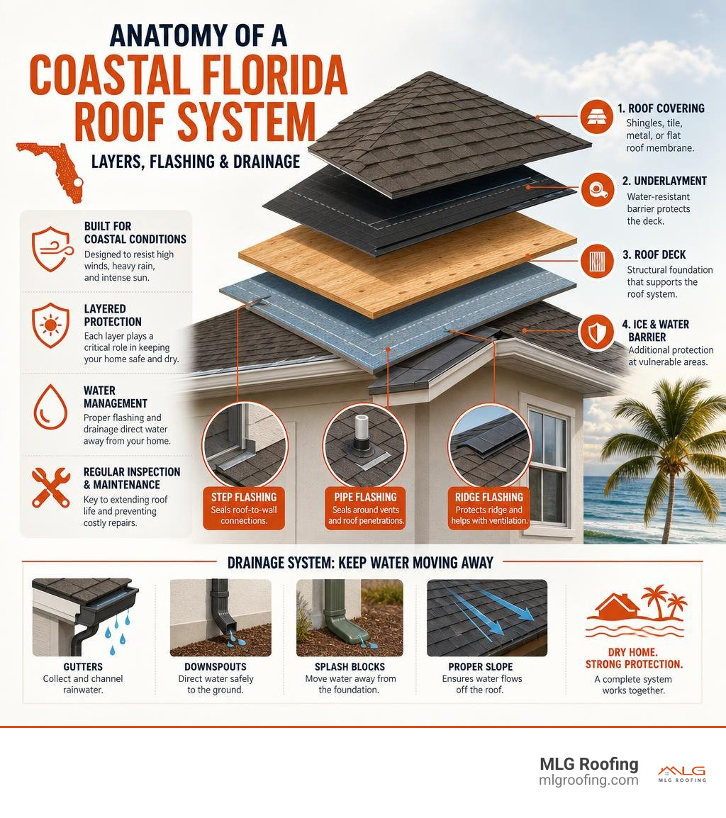 Anatomy of a coastal Florida roof system infographic showing layers, flashing, and drainage infographic Anatomy of a coastal Florida roof system infographic showing layers, flashing, and drainage infographic
