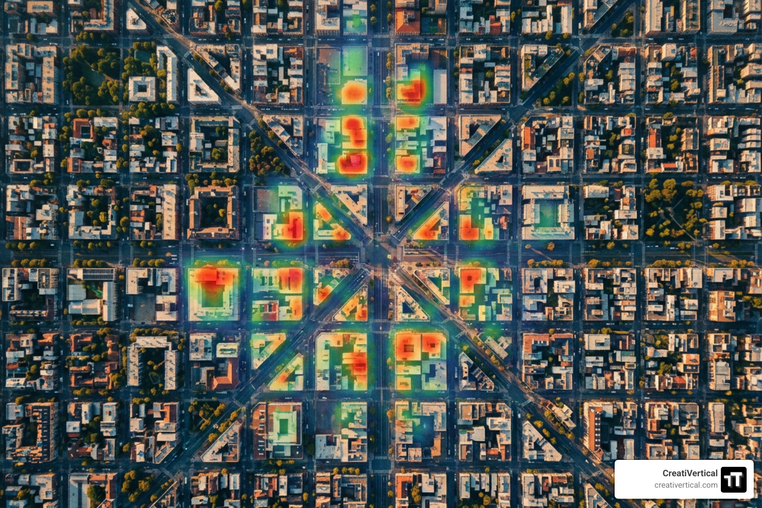 geo-grid ranking heatmap showing local search visibility across a city grid
