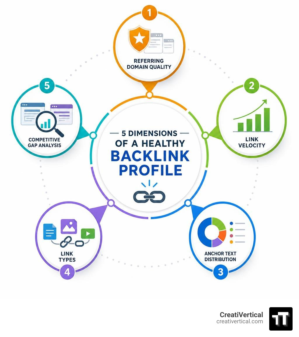 Infographic showing the five dimensions of a healthy backlink profile: referring domain quality, link velocity, anchor text