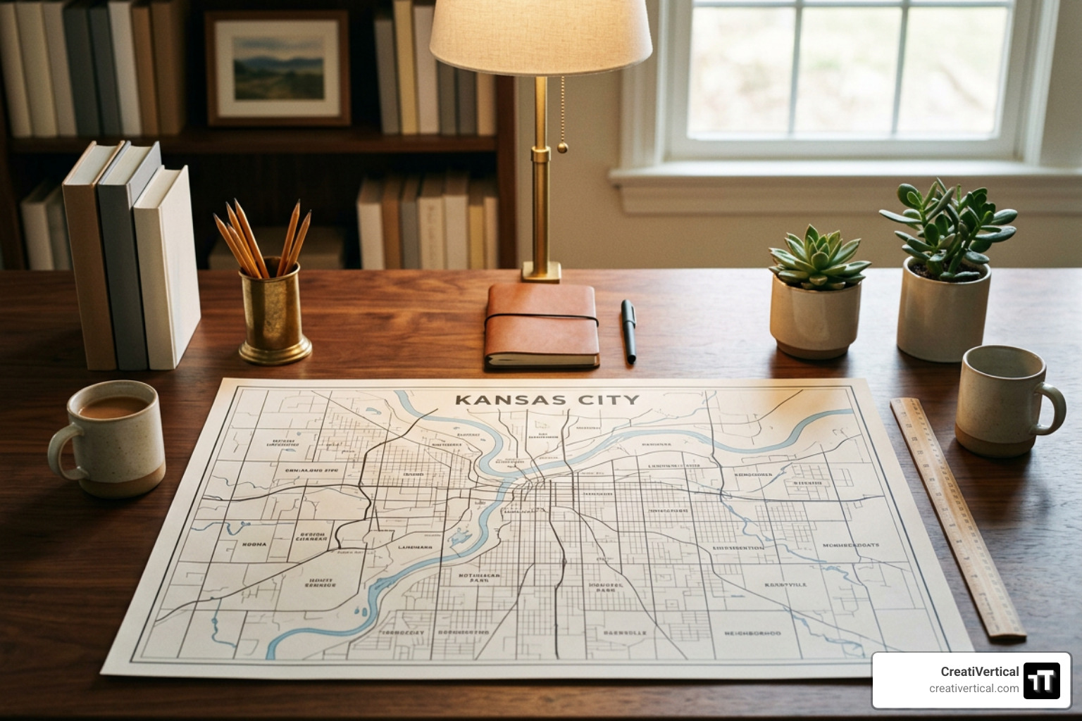 Symmetrical head-on shot of an organized designer's desk with a map of Kansas City Symmetrical head-on shot of an organized designer's desk with a map of Kansas City