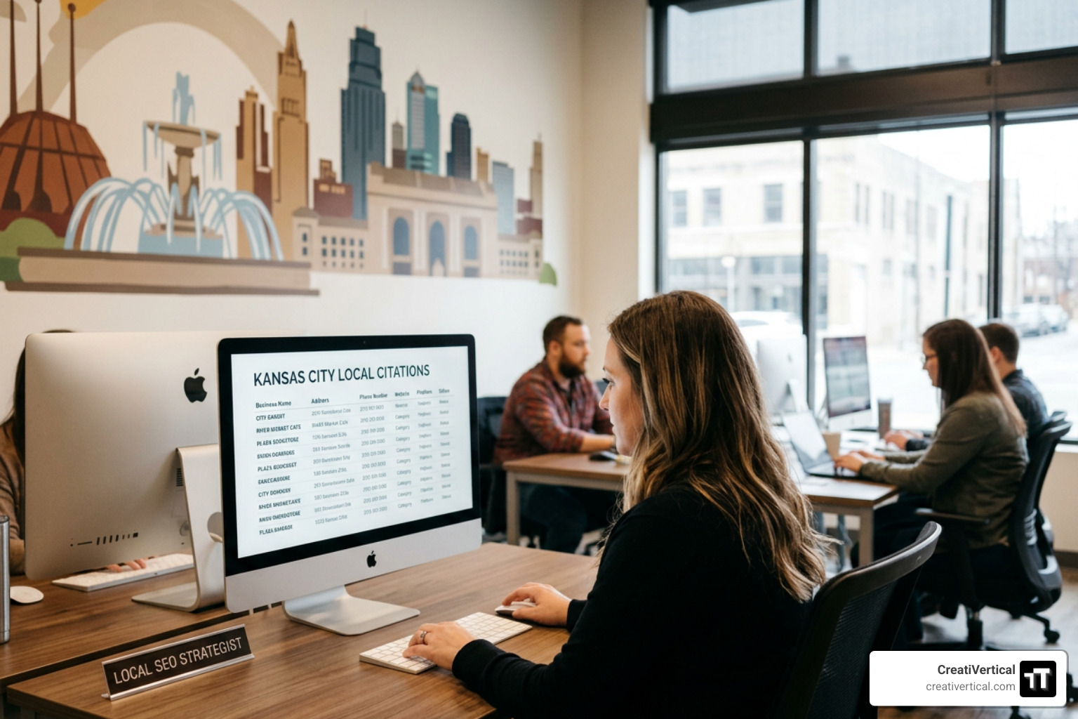 A clean, organized workspace showing a map of Kansas City on a tablet screen, symbolizing local search visibility and