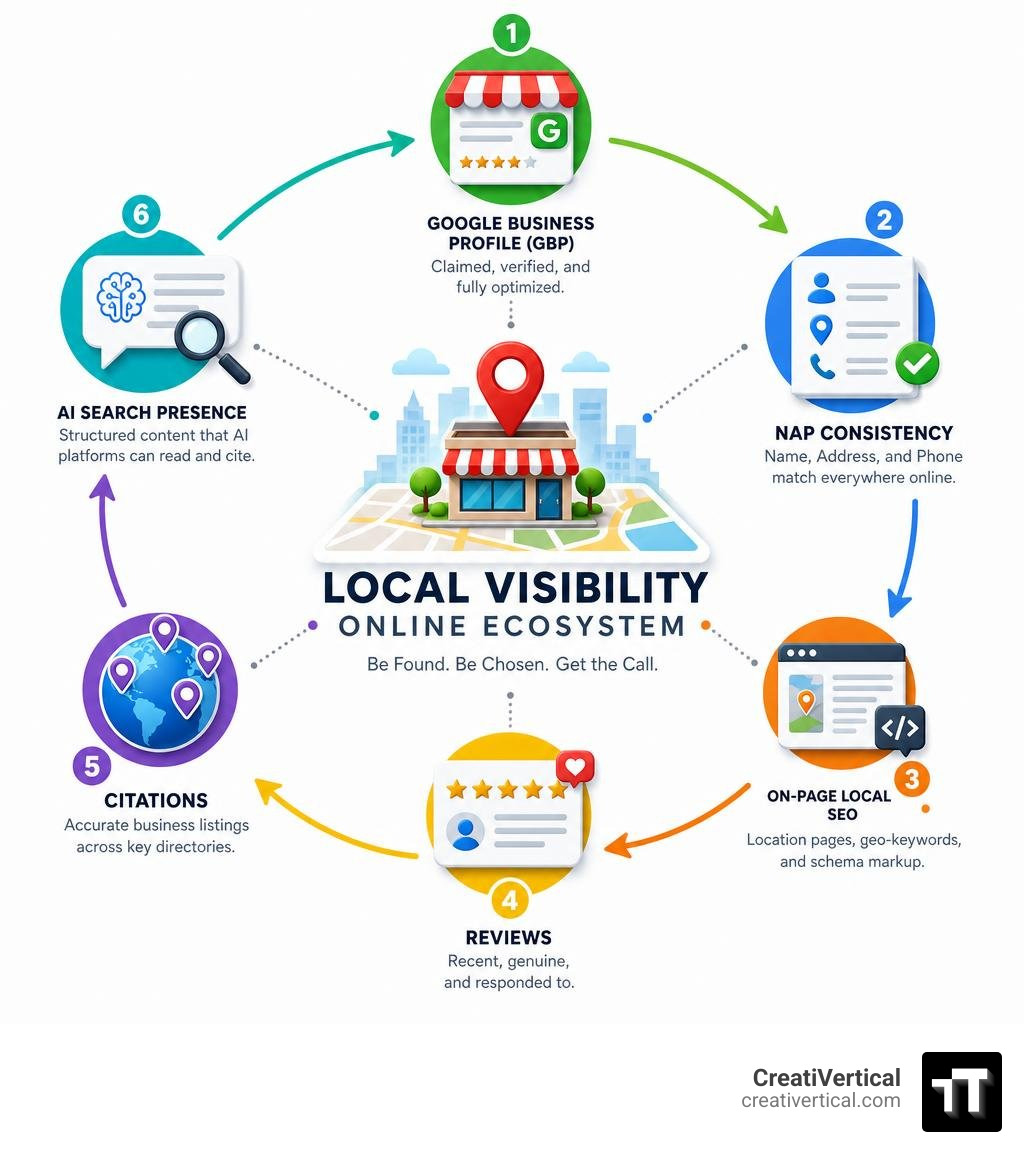 local visibility online ecosystem infographic showing GBP, NAP, reviews, on-page SEO, citations, and AI search infographic
