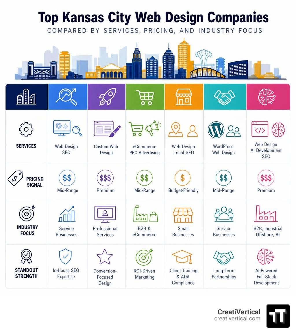 Top Kansas City web design companies compared by services, pricing, and industry focus infographic