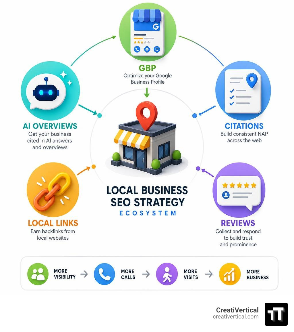 Local business SEO strategy ecosystem: GBP, citations, reviews, local links, AI Overviews infographic Local business SEO strategy ecosystem: GBP, citations, reviews, local links, AI Overviews infographic