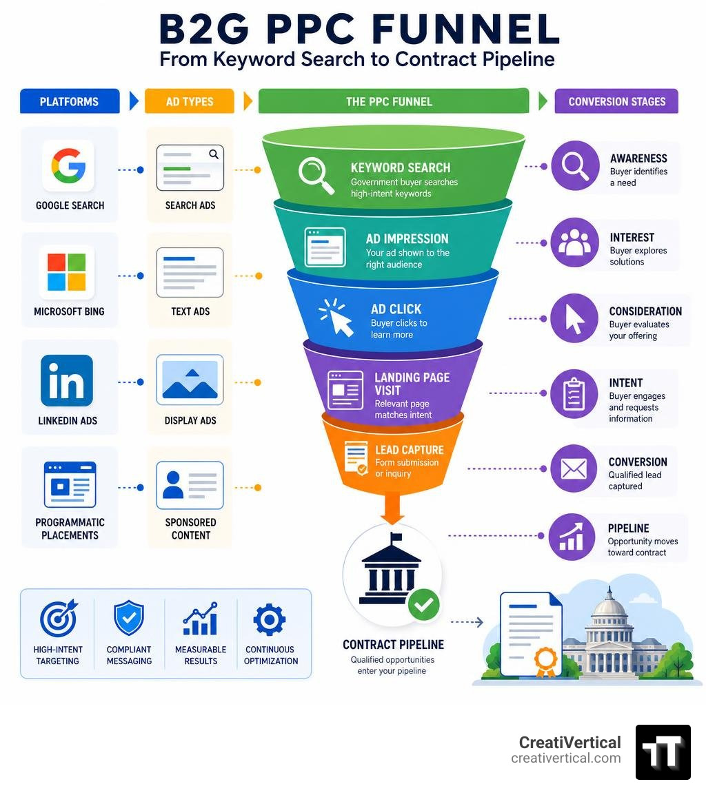 B2G PPC funnel from keyword search to contract pipeline, showing platforms, ad types, and conversion stages infographic