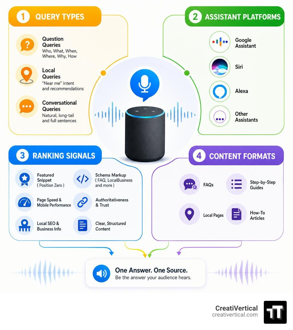 Infographic showing voice search ecosystem: query types, assistant platforms, ranking signals, and content formats Infographic showing voice search ecosystem: query types, assistant platforms, ranking signals, and content formats