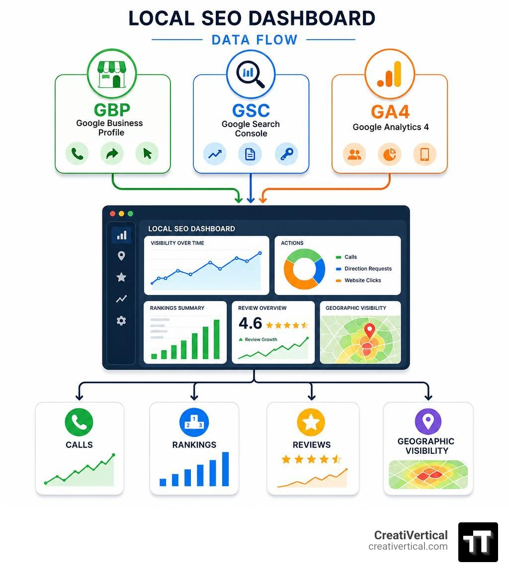 Infographic showing local SEO dashboard data flow: GBP, GSC, GA4 feeding into KPIs like calls, rankings, reviews, and