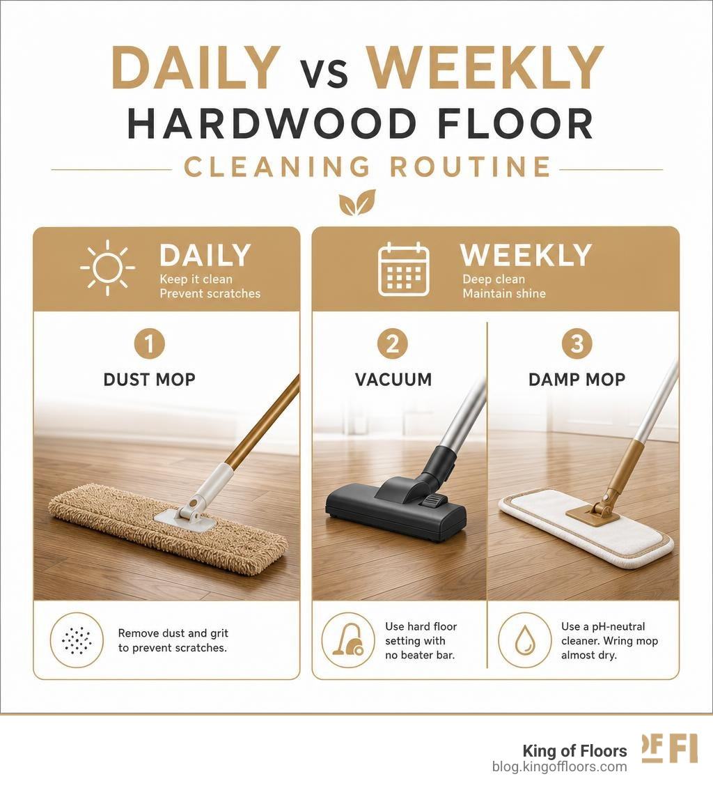 daily vs weekly hardwood floor cleaning routine infographic showing dust mop, vacuum, damp mop steps infographic