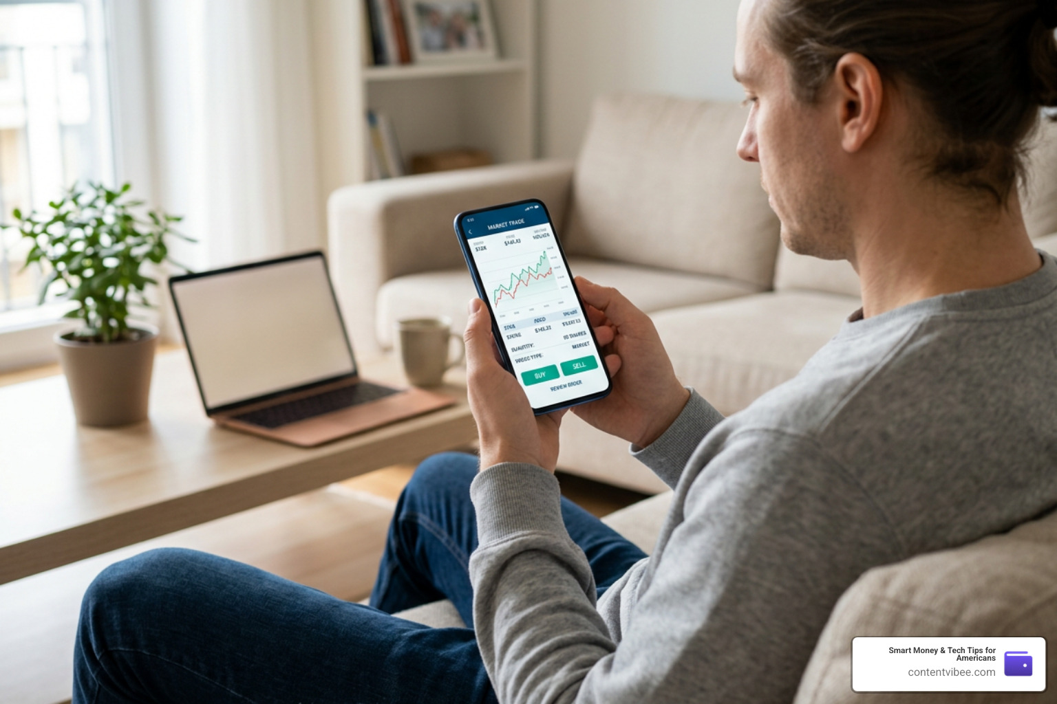 A user executing a commission-free trade on a clean mobile app interface