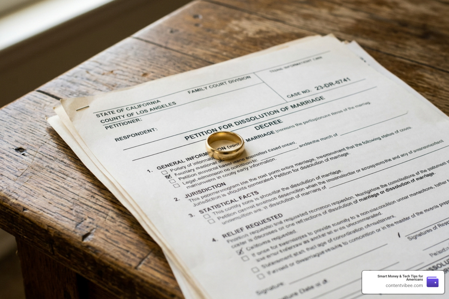 wedding ring on top of legal divorce documents