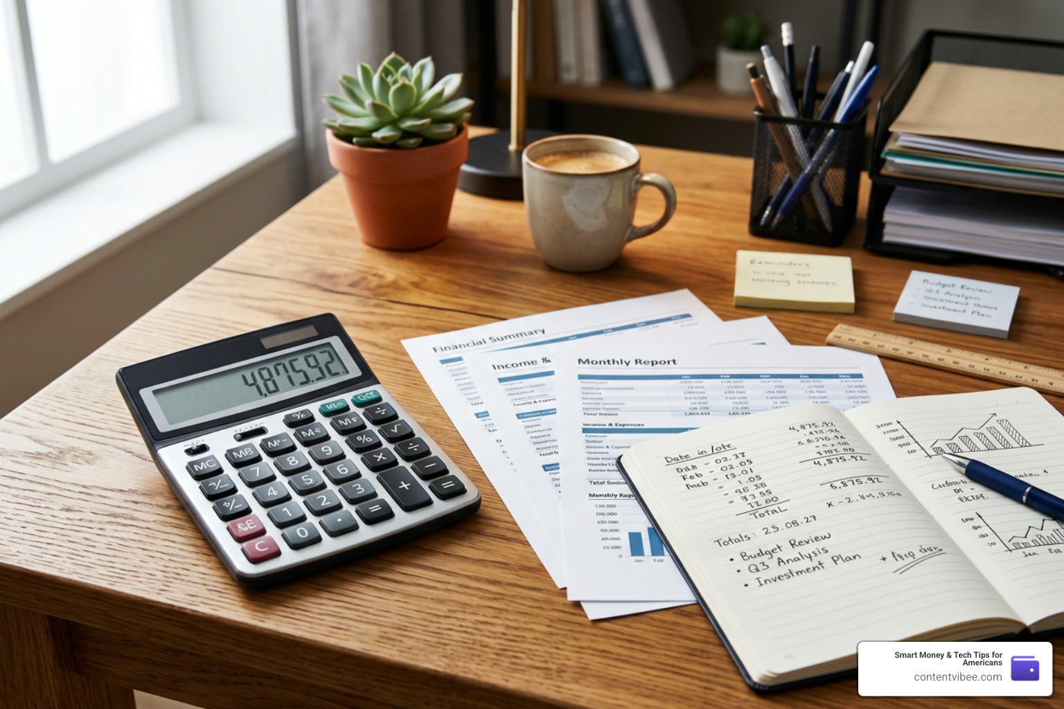calculator and financial documents on a wooden desk