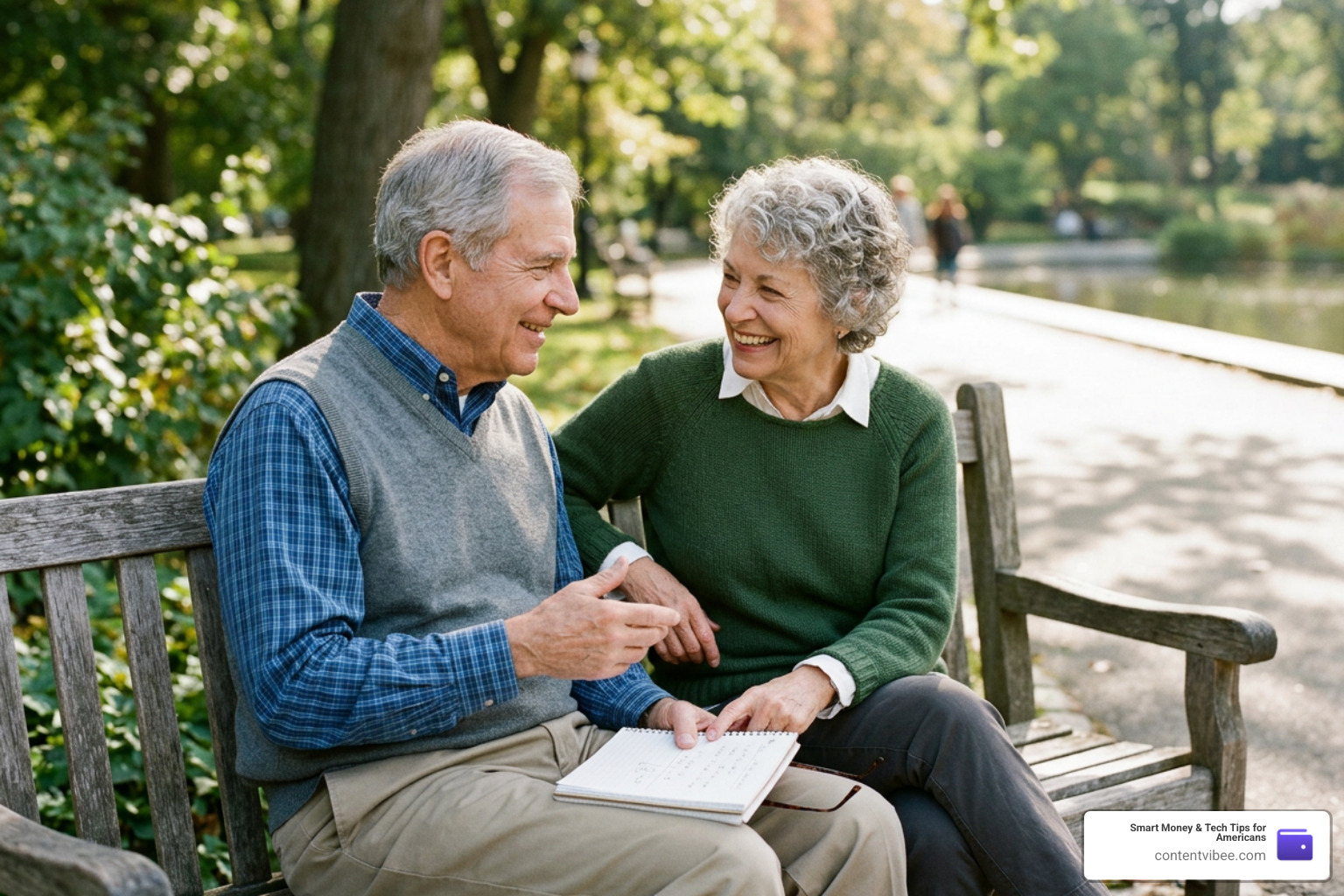 Elderly couple sitting together on a bench planning their retirement